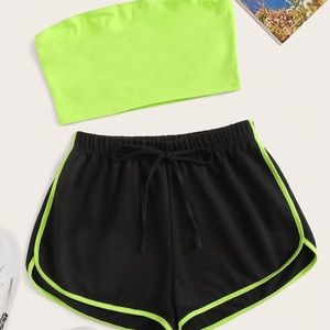 Neon Lime Bandeau Top & Track Shorts Set